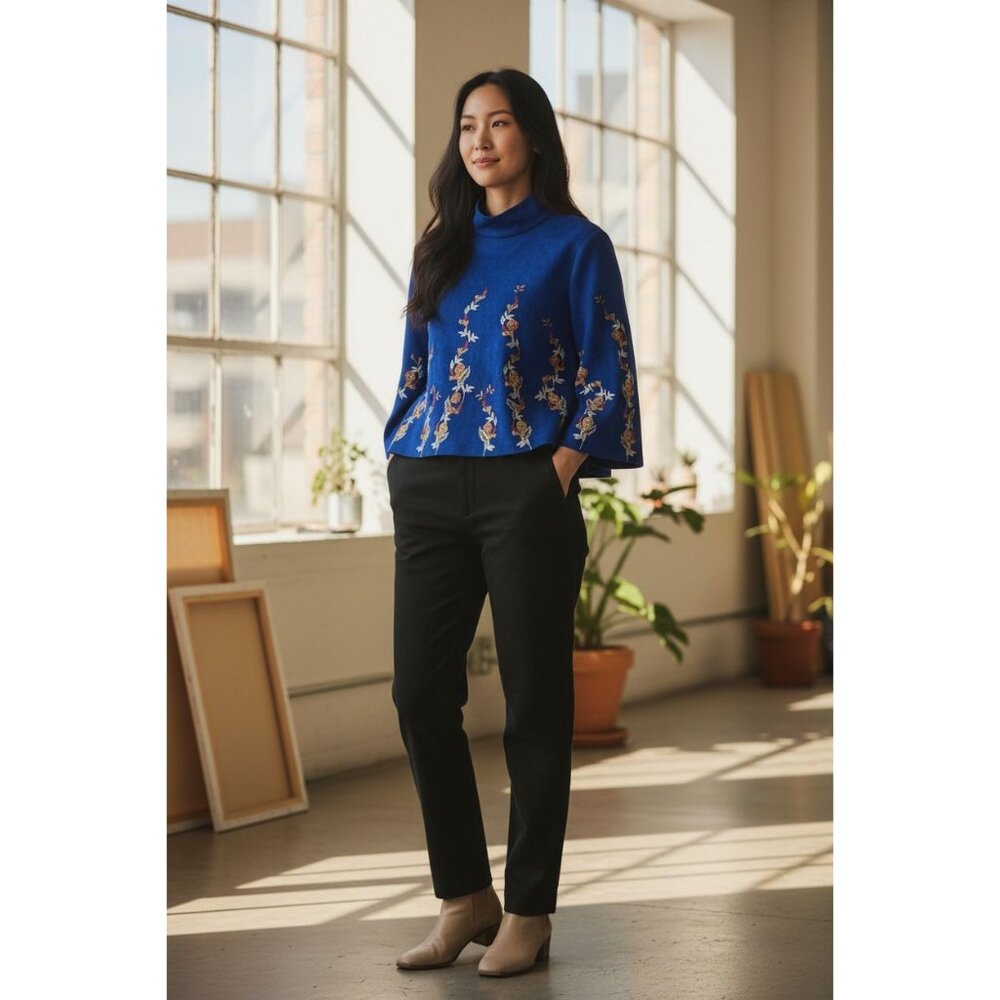 Zara Woman Vintage Style Blue Embroidered Floral Bell Sleeve Tunic Top With High